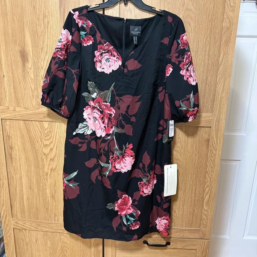 Adrianna Papell Black Multi Floral Short Dress Size 14 Wedding party classic zip